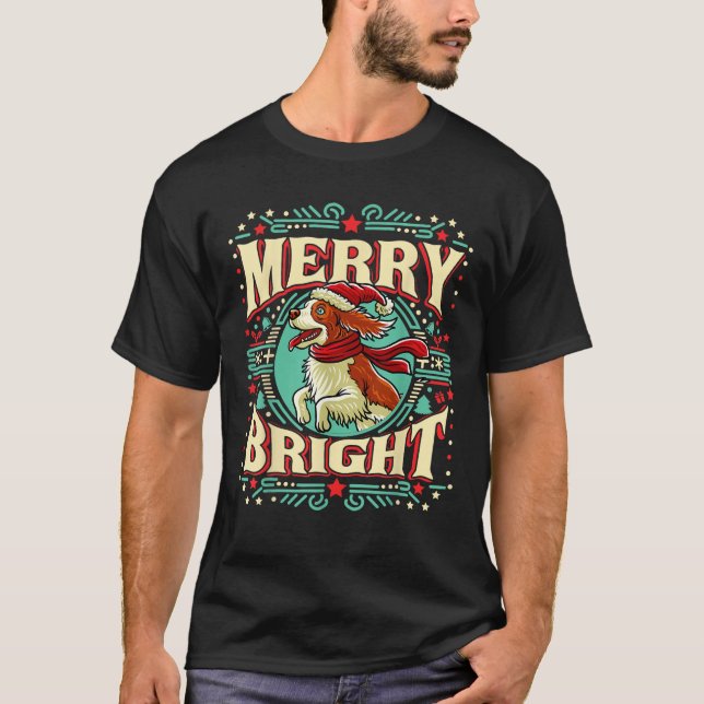 Brittany Spaniel Merry Bright Christmas Santa Clau T-Shirt (Front)