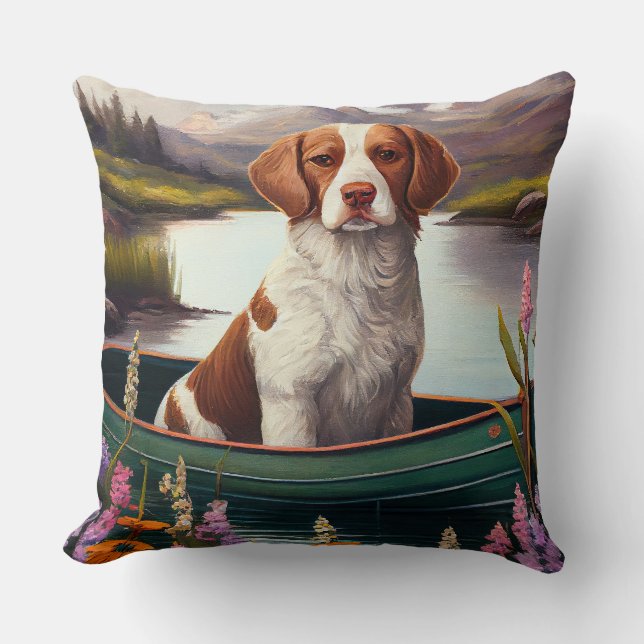 Brittany Spaniel on a Paddle: A Scenic Adventure  Cushion (Front)