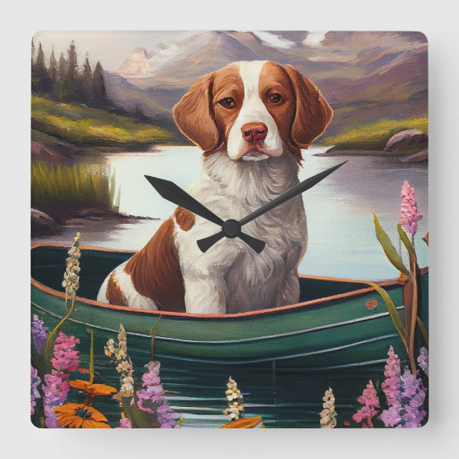 Brittany Spaniel on a Paddle: A Scenic Adventure Square Wall Clock (Front)