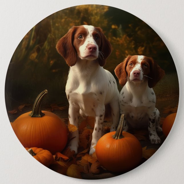 Brittany Spaniel Puppy Autumn Delight Pumpkin  6 Cm Round Badge (Front)
