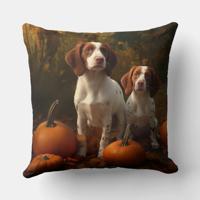 Brittany Spaniel Puppy Autumn Delight Pumpkin  Cushion (Back)