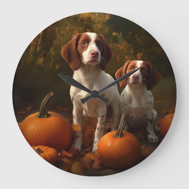 Brittany Spaniel Puppy Autumn Delight Pumpkin  Large Clock (Front)