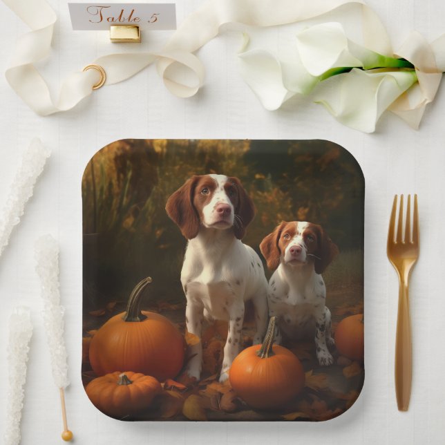 Brittany Spaniel Puppy Autumn Delight Pumpkin  Paper Plate (Wedding)