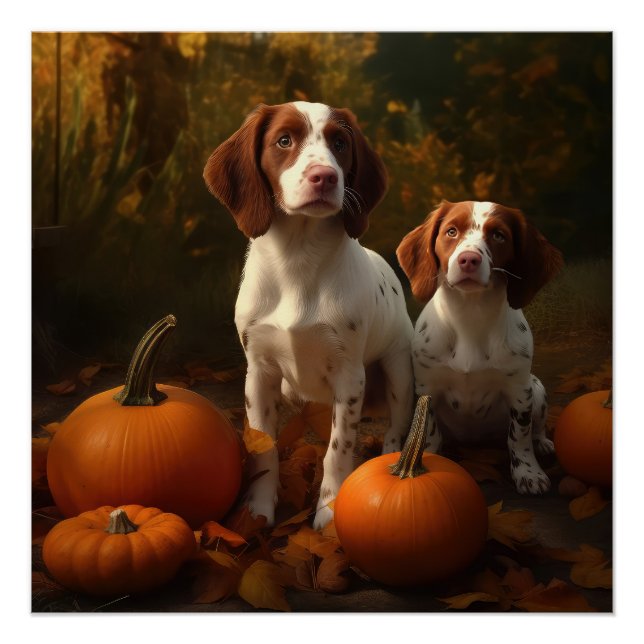 Brittany Spaniel Puppy Autumn Delight Pumpkin  Poster (Front)