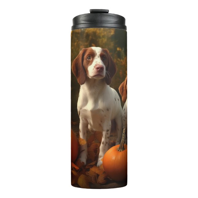 Brittany Spaniel Puppy Autumn Delight Pumpkin  Thermal Tumbler (Front)