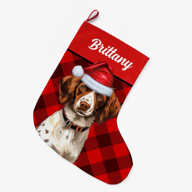 Brittany Spaniel Red Buffalo Plaid Personalised Large Christmas Stocking (Front (Hanging))
