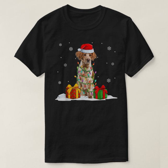 Brittany Spaniel Santa Christmas Tree Lights Xmas  T-Shirt (Design Front)