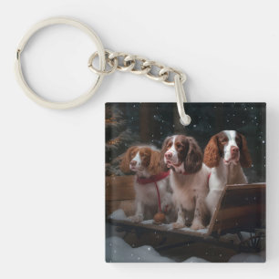 Brittany Spaniel Snowy Sleigh Christmas Decor  Key Ring