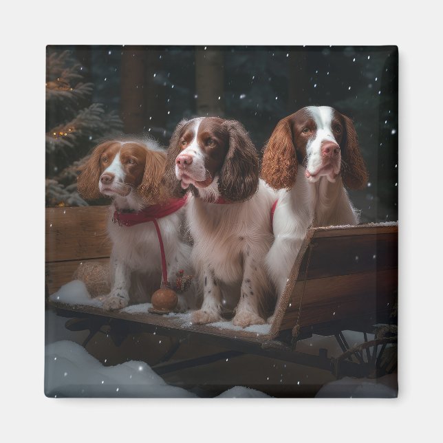 Brittany Spaniel Snowy Sleigh Christmas Decor   Magnet (Front)