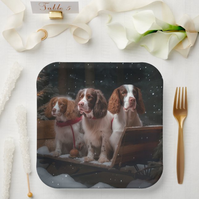 Brittany Spaniel Snowy Sleigh Christmas Decor   Paper Plate (Wedding)