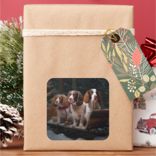 Brittany Spaniel Snowy Sleigh Christmas Decor   Square Sticker