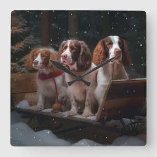 Brittany Spaniel Snowy Sleigh Christmas Decor   Square Wall Clock