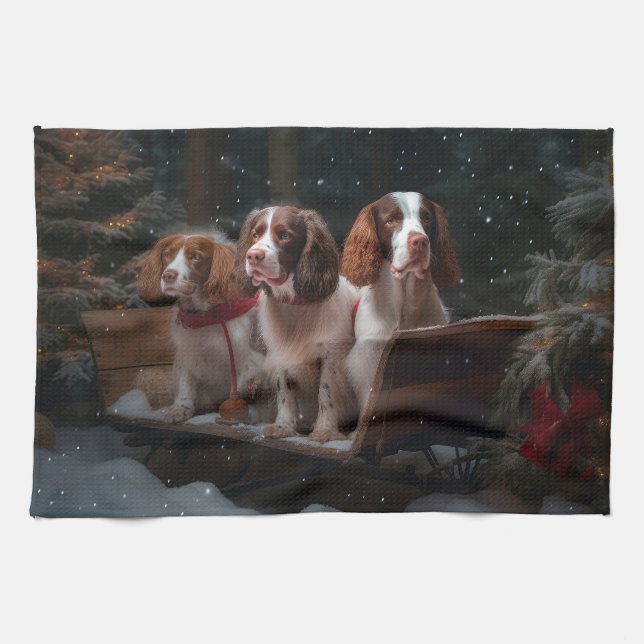 Brittany Spaniel Snowy Sleigh Christmas Decor   Tea Towel (Horizontal)