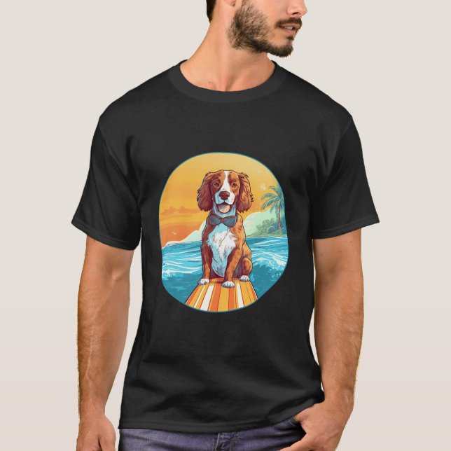 Brittany Spaniel Surfing Funny Dog Beach T-Shirt (Front)