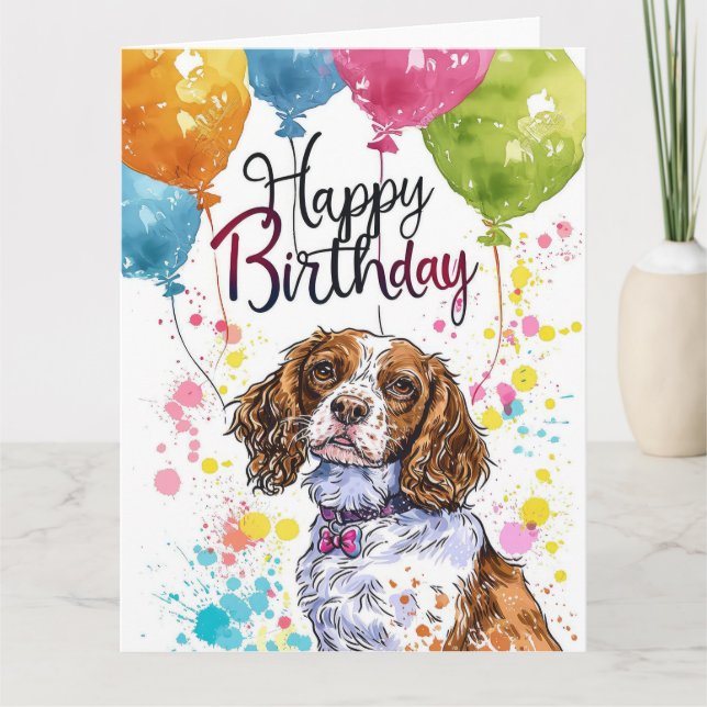Brittany Spaniel with Balloons Card (Front)