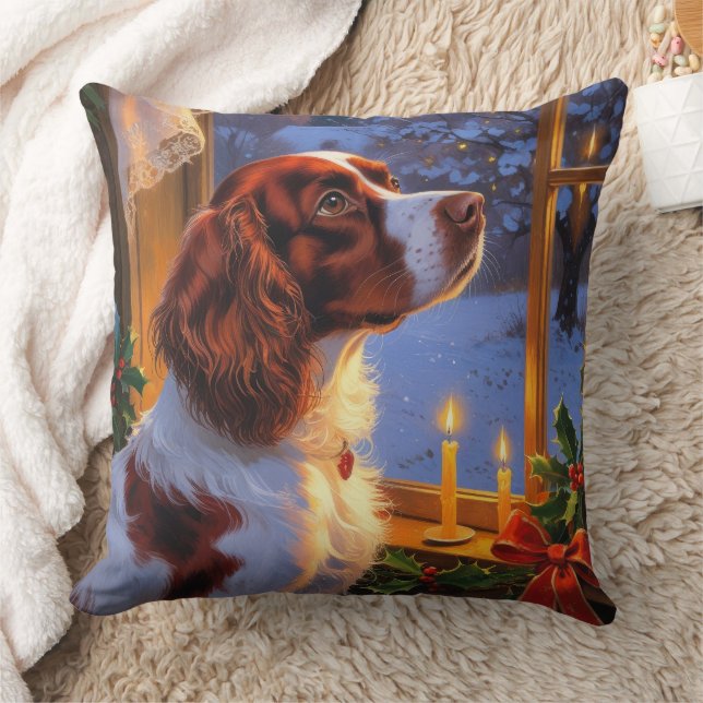 Brittany Spaniel with Christmas Lights Holiday  Cushion (Blanket)