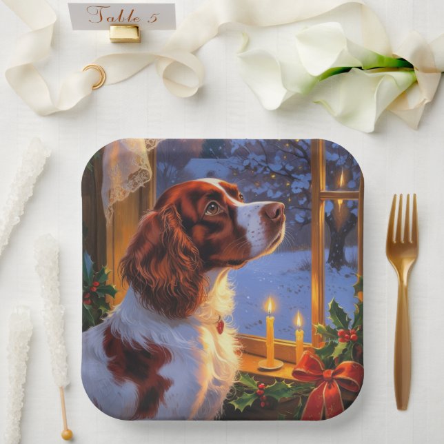 Brittany Spaniel with Christmas Lights Holiday  Paper Plate (Wedding)