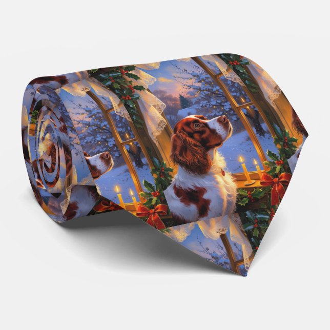 Brittany Spaniel with Christmas Lights Holiday  Tie (Rolled)