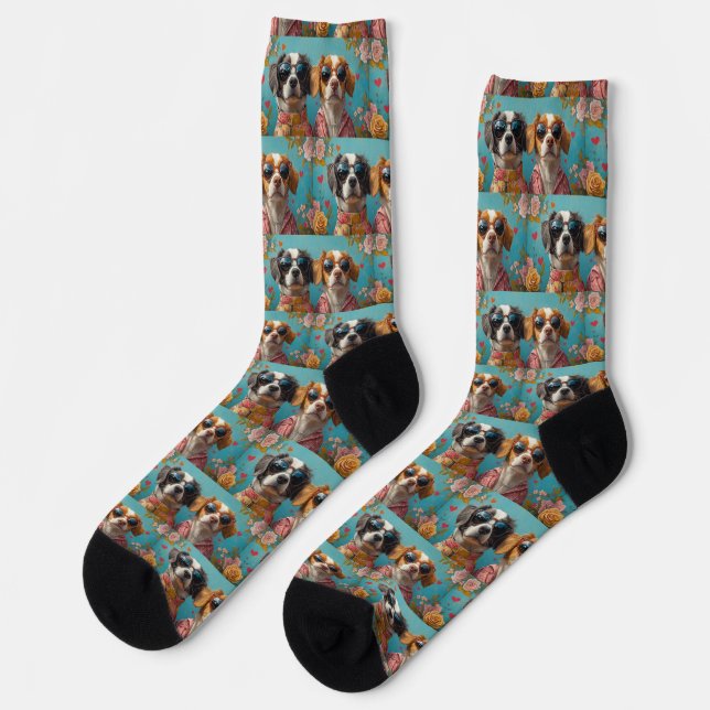 Brittany Spaniel With Heart Roses Valentine's Day  Socks (Left)
