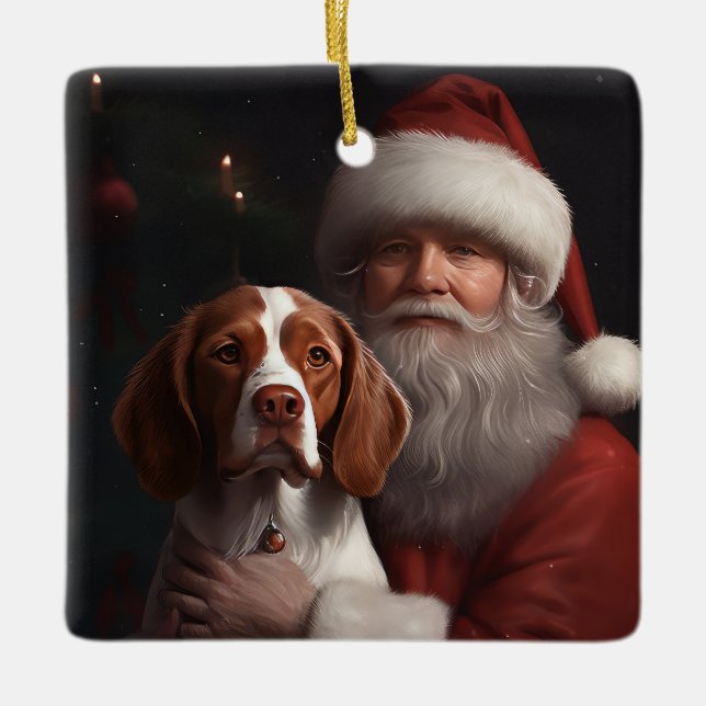 Brittany Spaniel With Santa Claus Christmas Ceramic Ornament (Front)