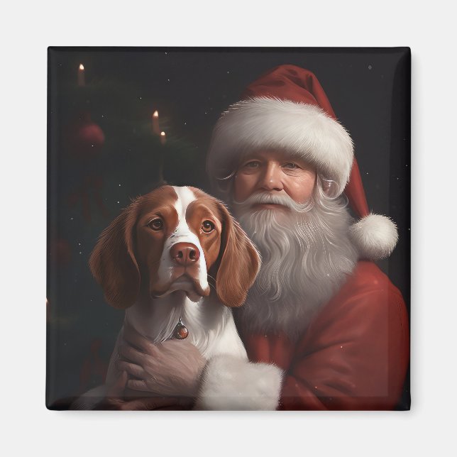 Brittany Spaniel With Santa Claus Christmas Magnet (Front)