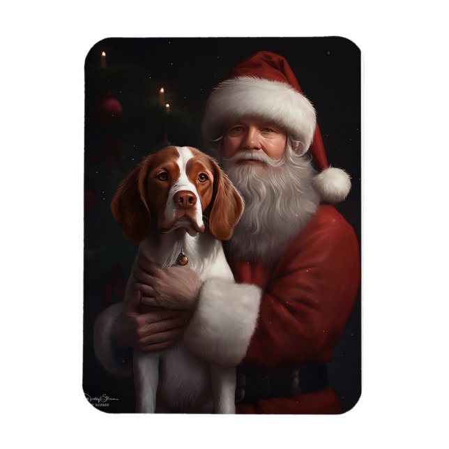 Brittany Spaniel With Santa Claus Christmas Magnet (Vertical)
