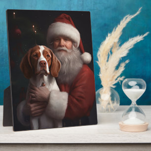 Brittany Spaniel With Santa Claus Christmas Plaque