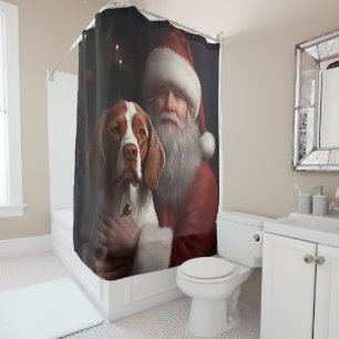 Brittany Spaniel With Santa Claus Christmas Shower Curtain