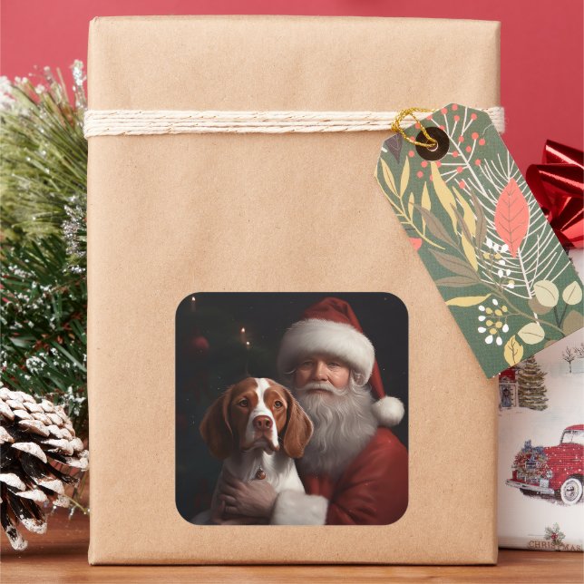 Brittany Spaniel With Santa Claus Christmas Square Sticker (Holiday)