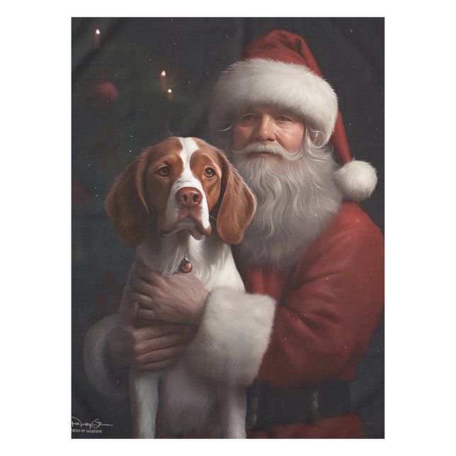 Brittany Spaniel With Santa Claus Christmas Tablecloth (Front)