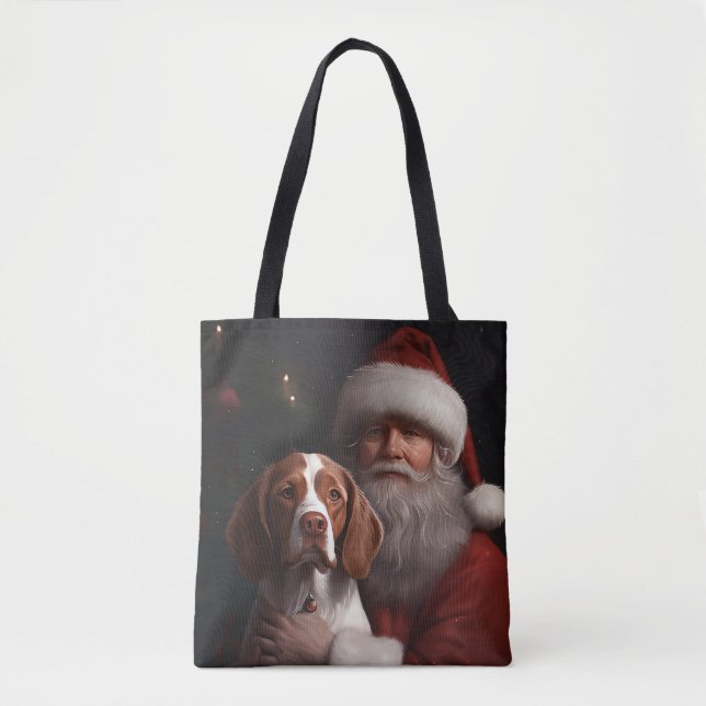 Brittany Spaniel With Santa Claus Christmas Tote Bag (Front)