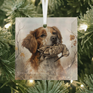 Brittany Spaniel & Woodcock Hunt Glass Tree Decoration