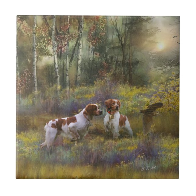 Brittany Spaniels,  Woodcock Hunting , Art  Ceramic Tile (Front)
