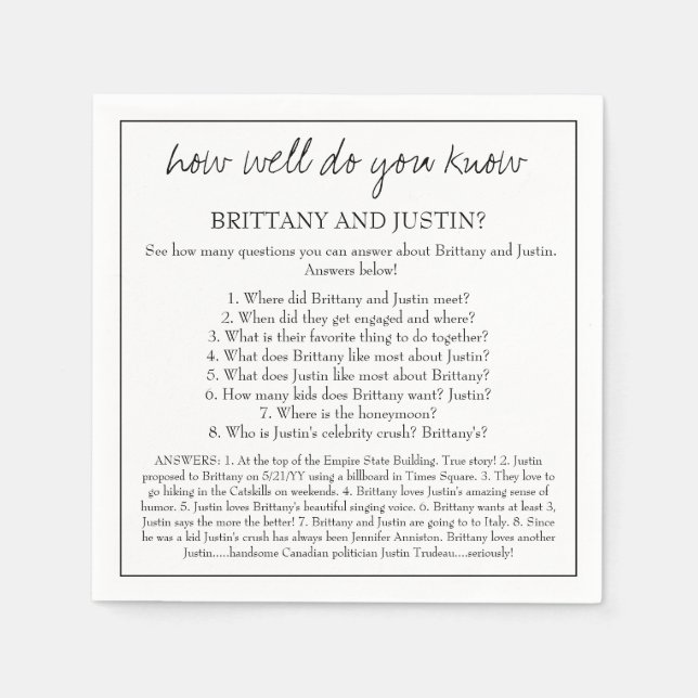 Brittany What Do You Know Fun Wedding Reception Napkin (Front)