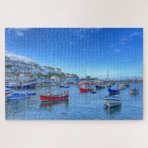 Brixham Harbor: Colorful Boats & Devon Hillside Jigsaw Puzzle