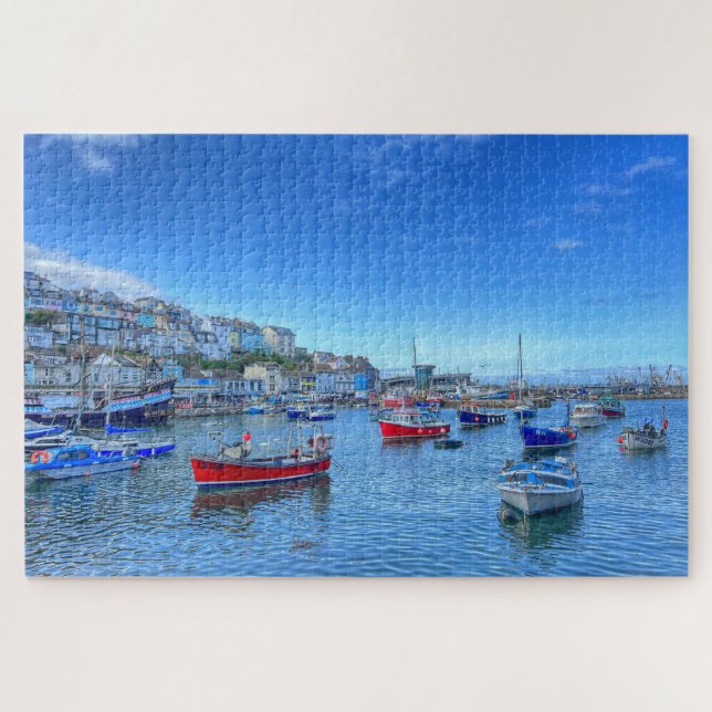 Brixham Harbor: Colorful Boats & Devon Hillside Jigsaw Puzzle (Horizontal)