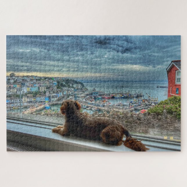 Brixham Rain: Cozy Harbor View & Puppy Friend Jigsaw Puzzle (Horizontal)