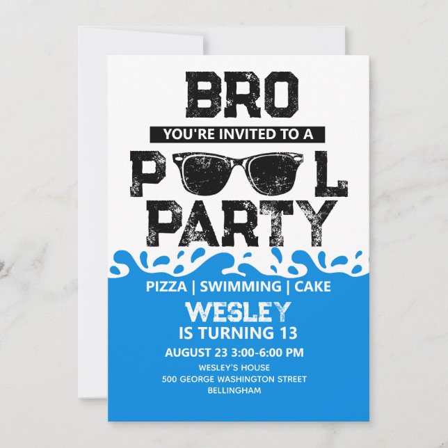 BRO Blue Pool Party Boy Birthday Invitation (Front)