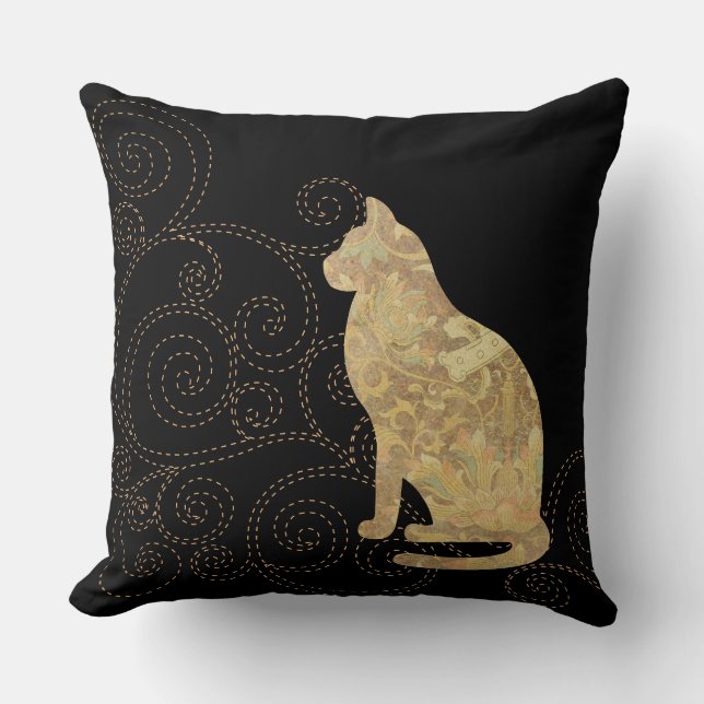Brocade Cat with Stitches Square Throw Pillow (Front)
