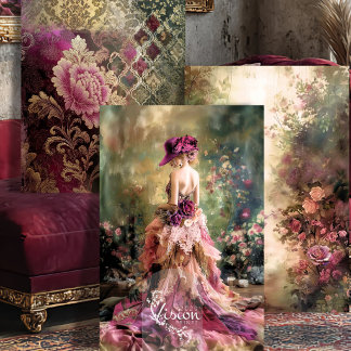 Brocade Garden Magenta Rose Damask Ballgown Set Wrapping Paper Sheet