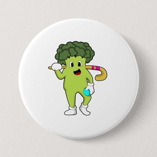 Broccoli at Hockey with Hockey bat 7.5 Cm Round Badge (Front)