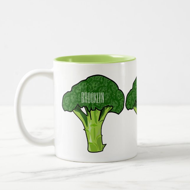 Broccoli cartoon illustration Two-Tone coffee mug (Left)