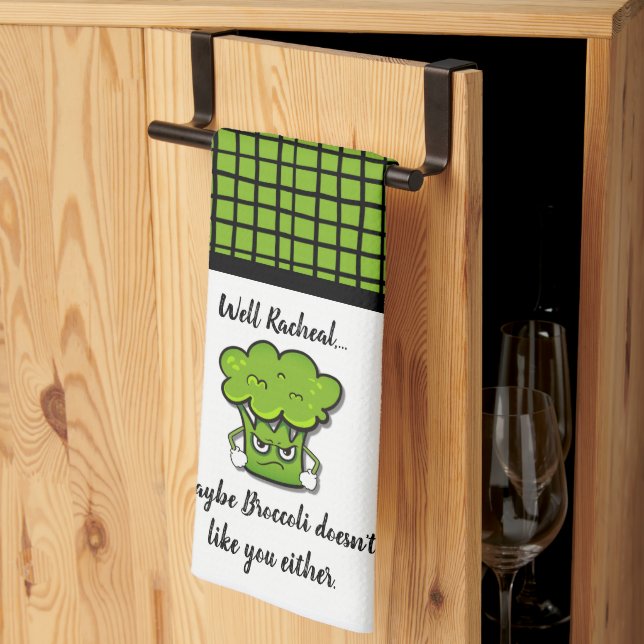 Broccoli Doesn't Like You Either Personalised Tea Towel (Thirds Fold)