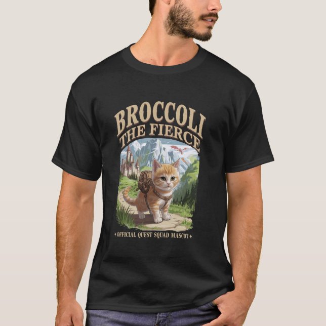 Broccoli the Fierce Quest Fantasy Adventure Cat T-Shirt (Front)