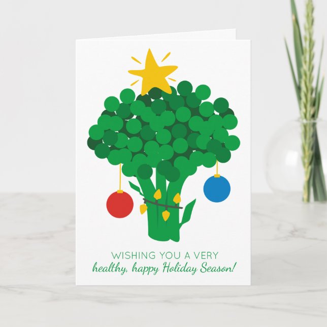 Broccoli vegetable healthy food Christmas tree Holiday Card (Front)