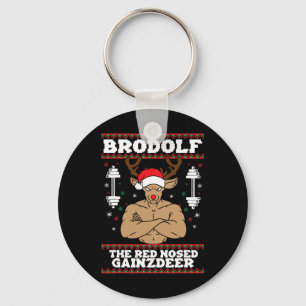 Brodolf Funny Christmas Buff Reindeer Gym Bodybuil Key Ring
