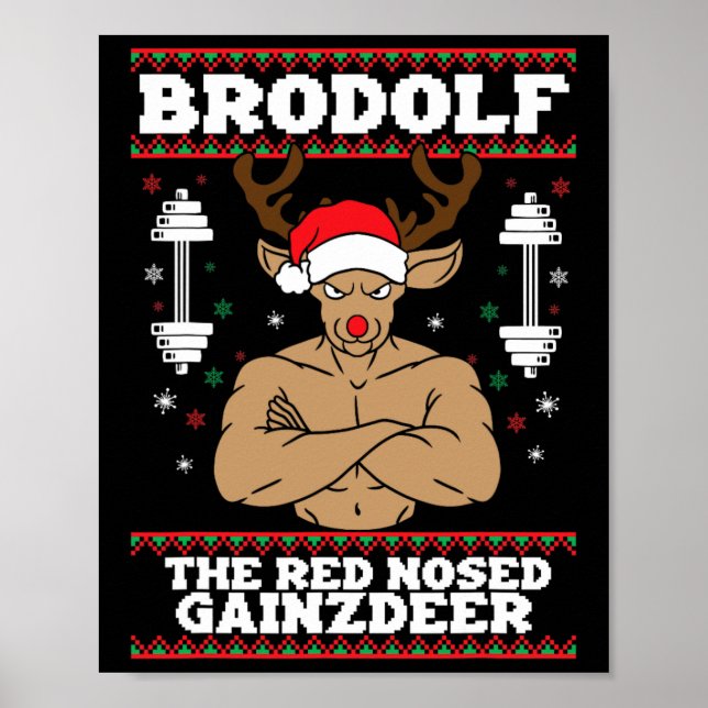 Brodolf Funny Christmas Buff Reindeer Gym Bodybuil Poster (Front)
