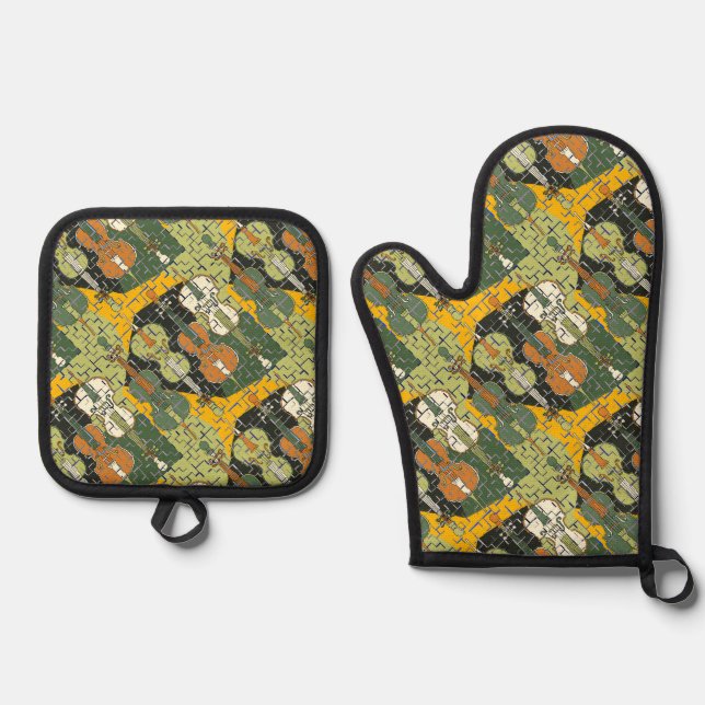 Broken Cello Pattern Oven Mitt & Pot Holder Set (Front)