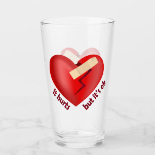 Broken heart healed with patch and life quote glass