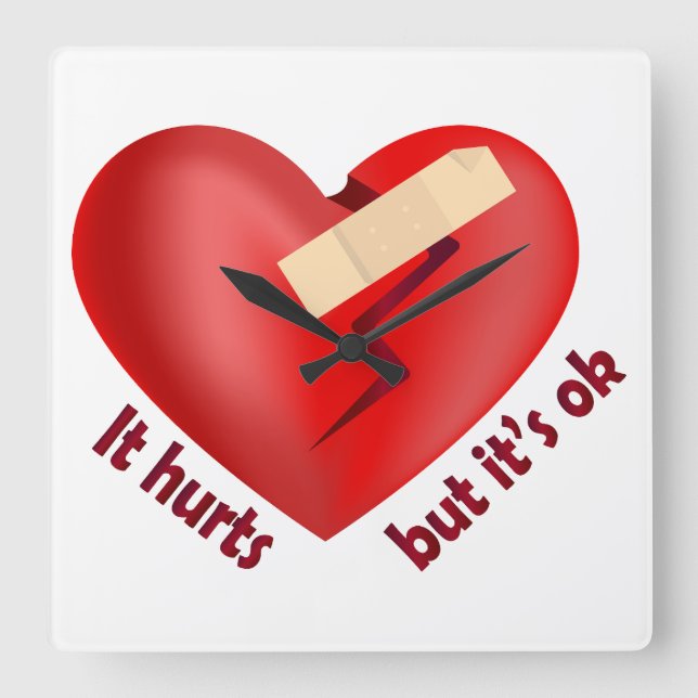 Broken heart healed with patch and life quote square wall clock (Front)